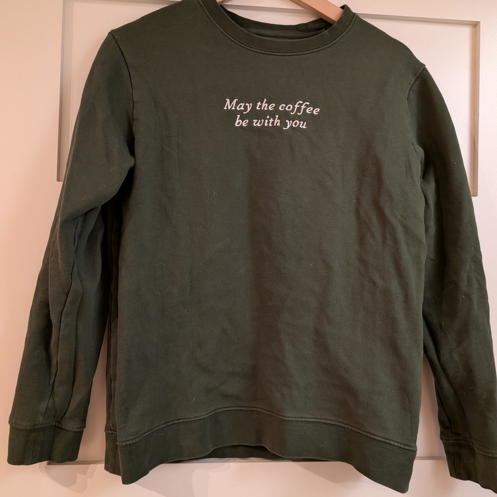 Green Sweater with Embroidered Text Coffee Be With You